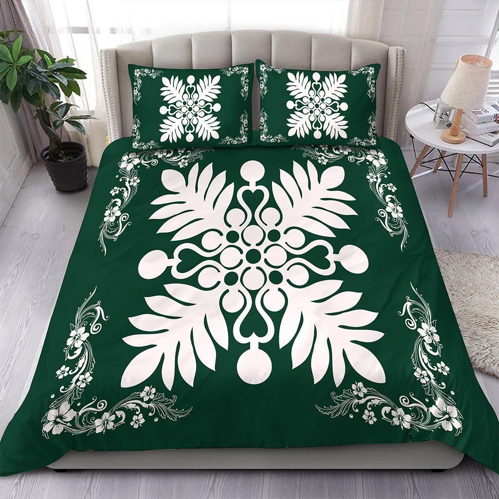 Hawaiian Quilt Maui Plant And Hibiscus Pattern White Sacramento Bedding Set