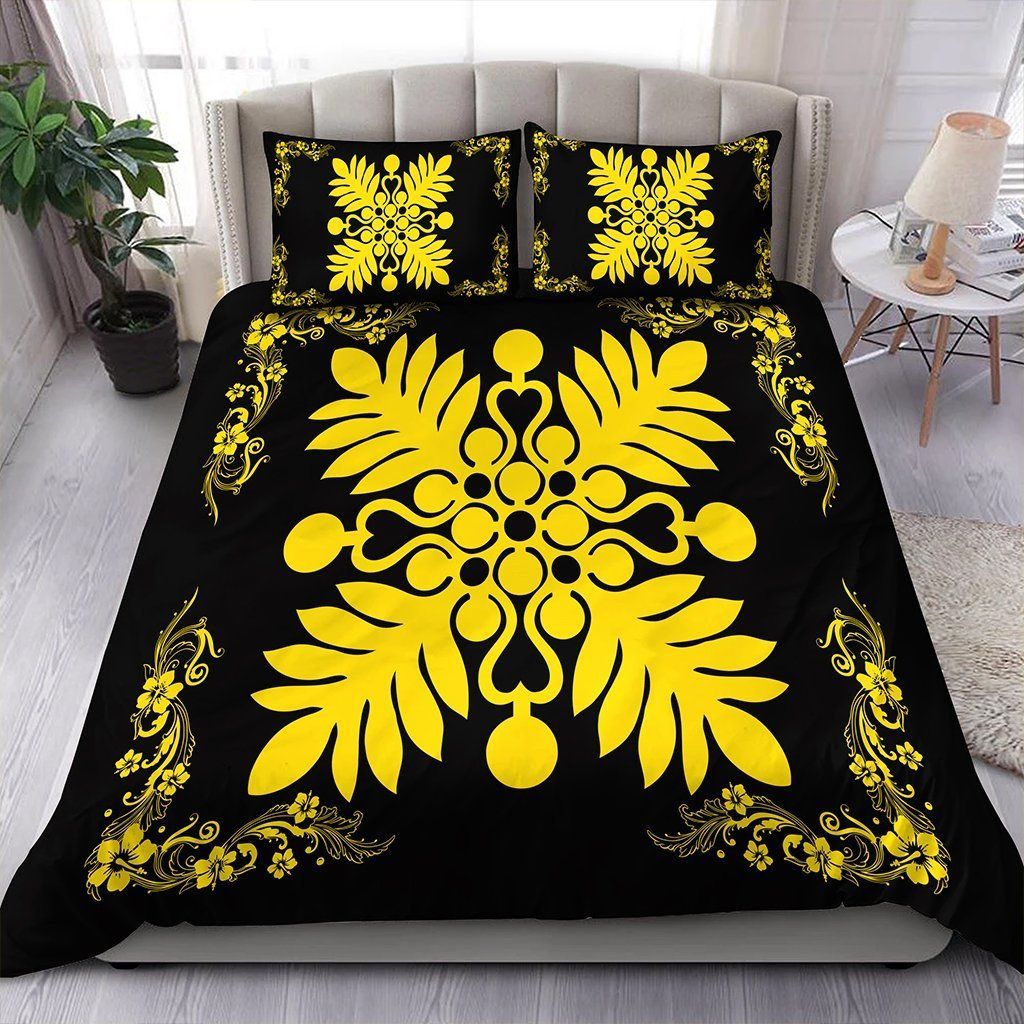 Hawaiian Quilt Maui Plant And Hibiscus Pattern Yellow Black Bedding Set
