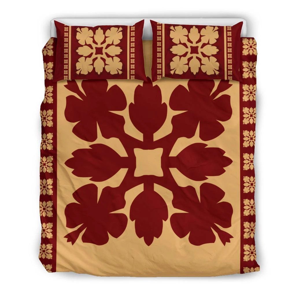 Hawaiian Quilt Pattern Hibiscus Beige Bedding Set