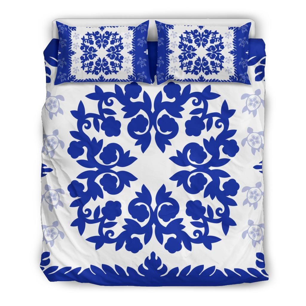 Hawaiian Quilt Plumeria Medallion Blue Bedding Set