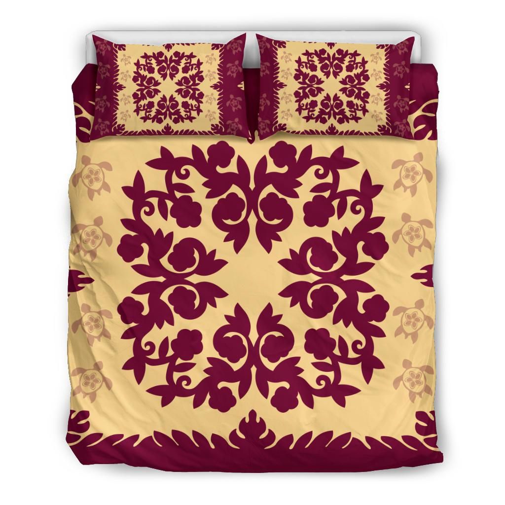 Hawaiian Quilt Plumeria Medallion Burgundy Bedding Set
