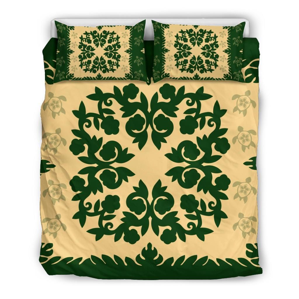 Hawaiian Quilt Plumeria Medallion Green Bedding Set