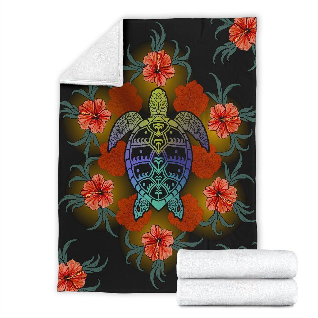 Hawaiian Red Hibiscus And Big Turtle Sherpa Fleece Blanket