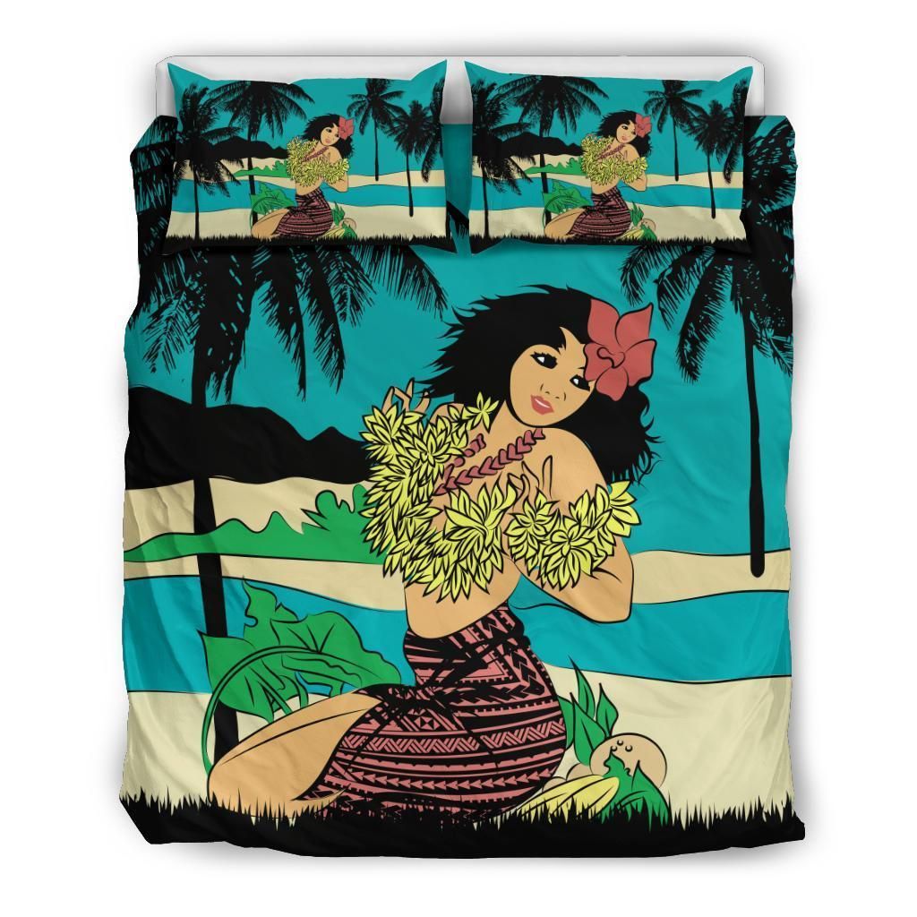 Hawaiian Sea Hula Girl Plumeria Coconut Tree Polynesian Bedding Set