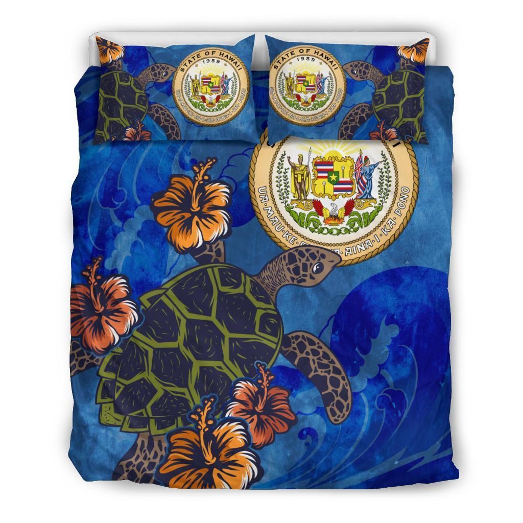 Hawaiian Seal Of Hawaii Hibiscus Ocean Turtle Polynesian Bedding Set