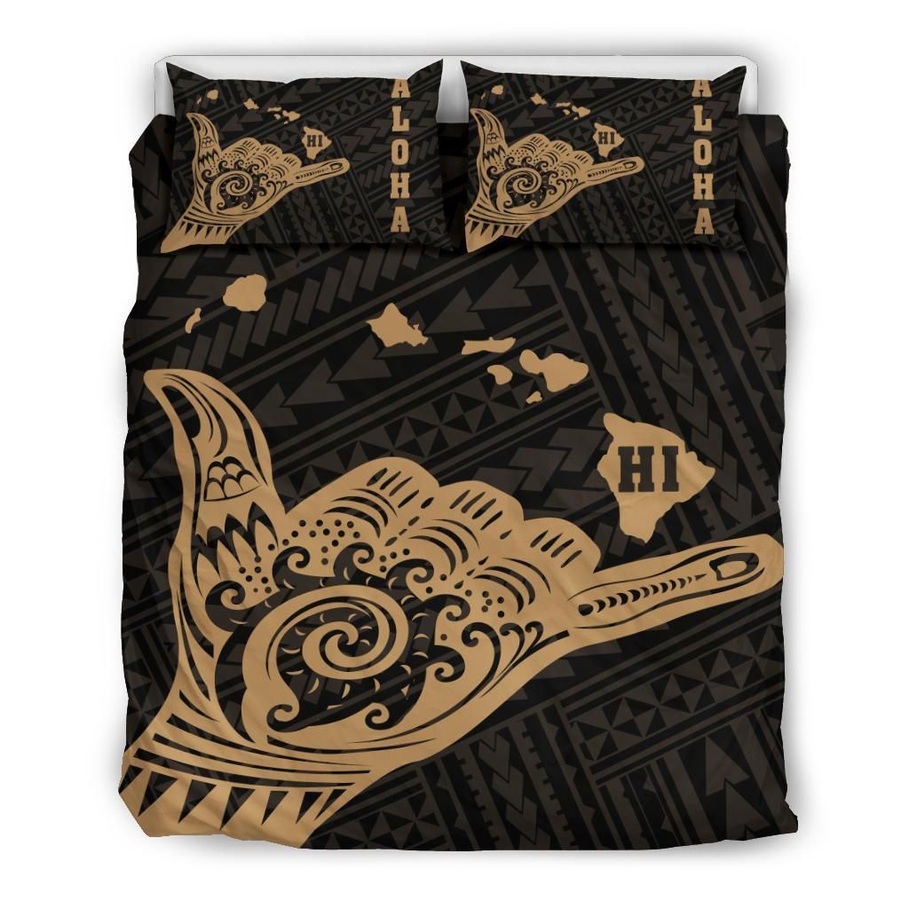 Hawaiian Shaka Aloha Map Polynesian Gold Bedding Set