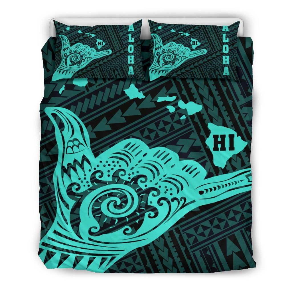 Hawaiian Shaka Aloha Map Polynesian Turquoise Bedding Set
