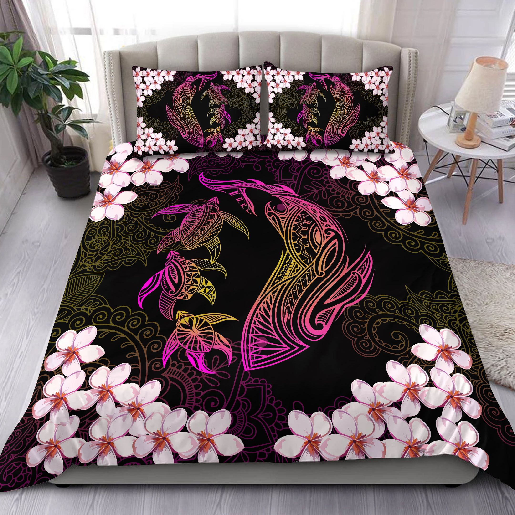 Hawaiian Shark Turtle Plumeria Black And Pink Bedding Set