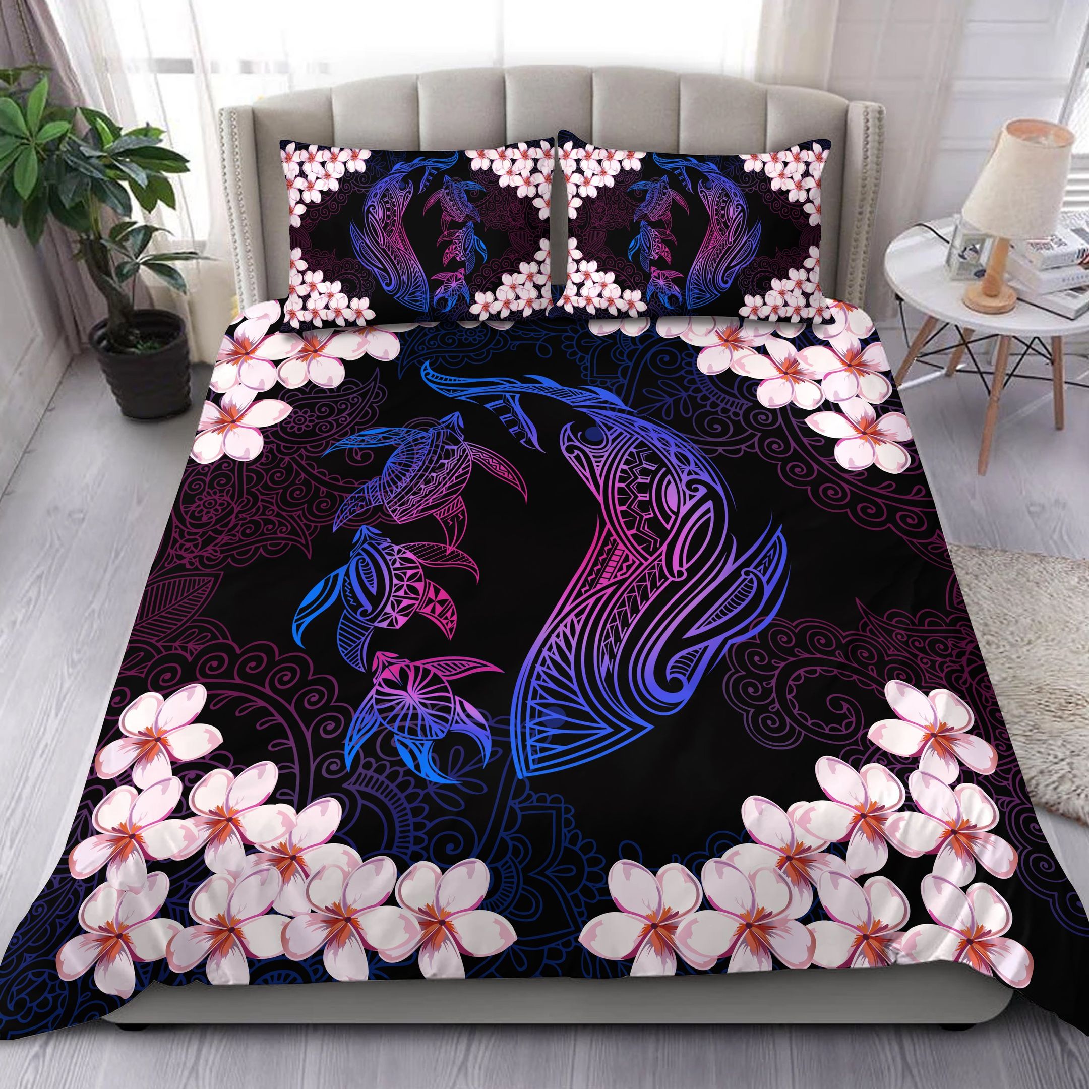 Hawaiian Shark Turtle Plumeria Blue Pink Zelda Style Bedding Set