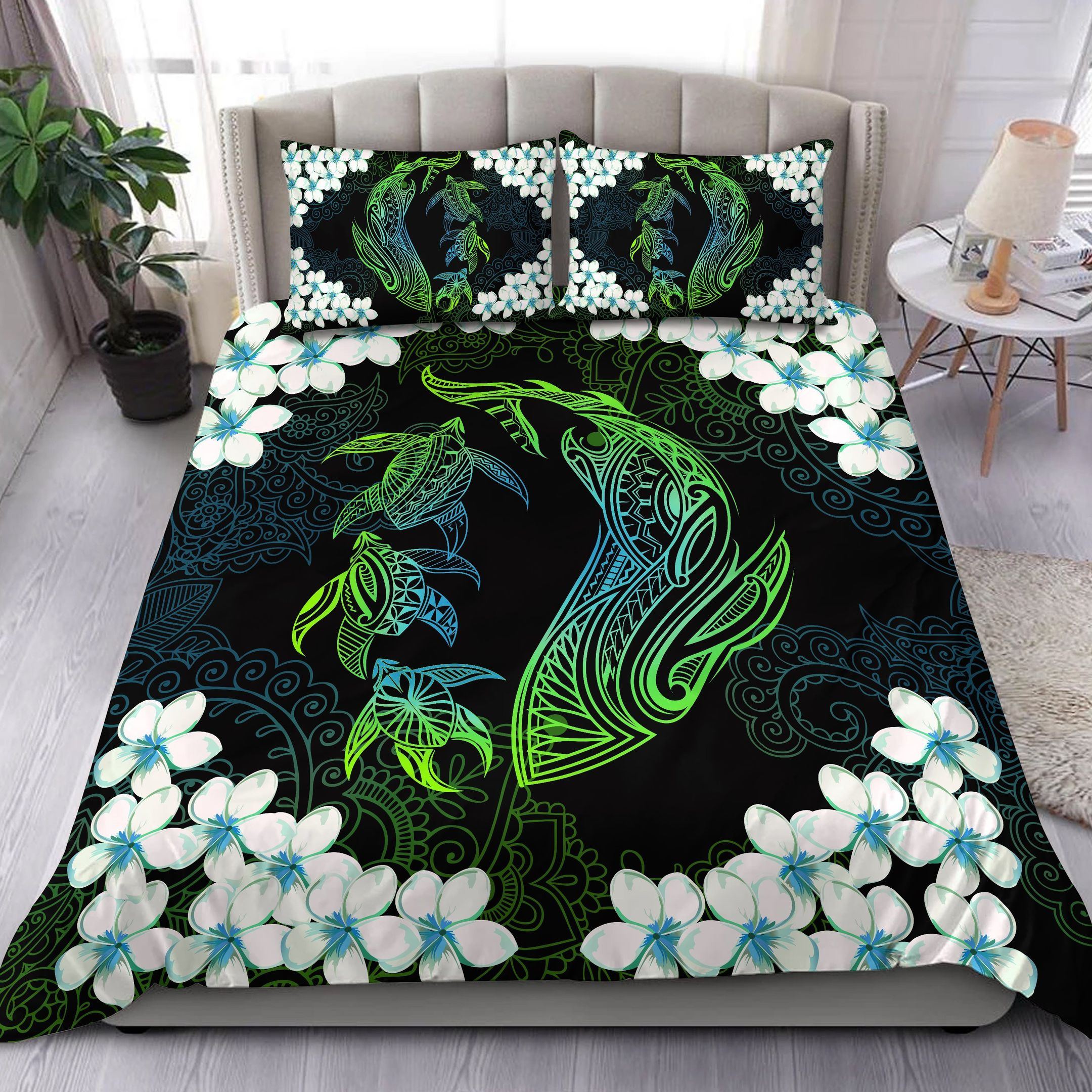 Hawaiian Shark Turtle Plumeria Cyan Zelda Style Bedding Set