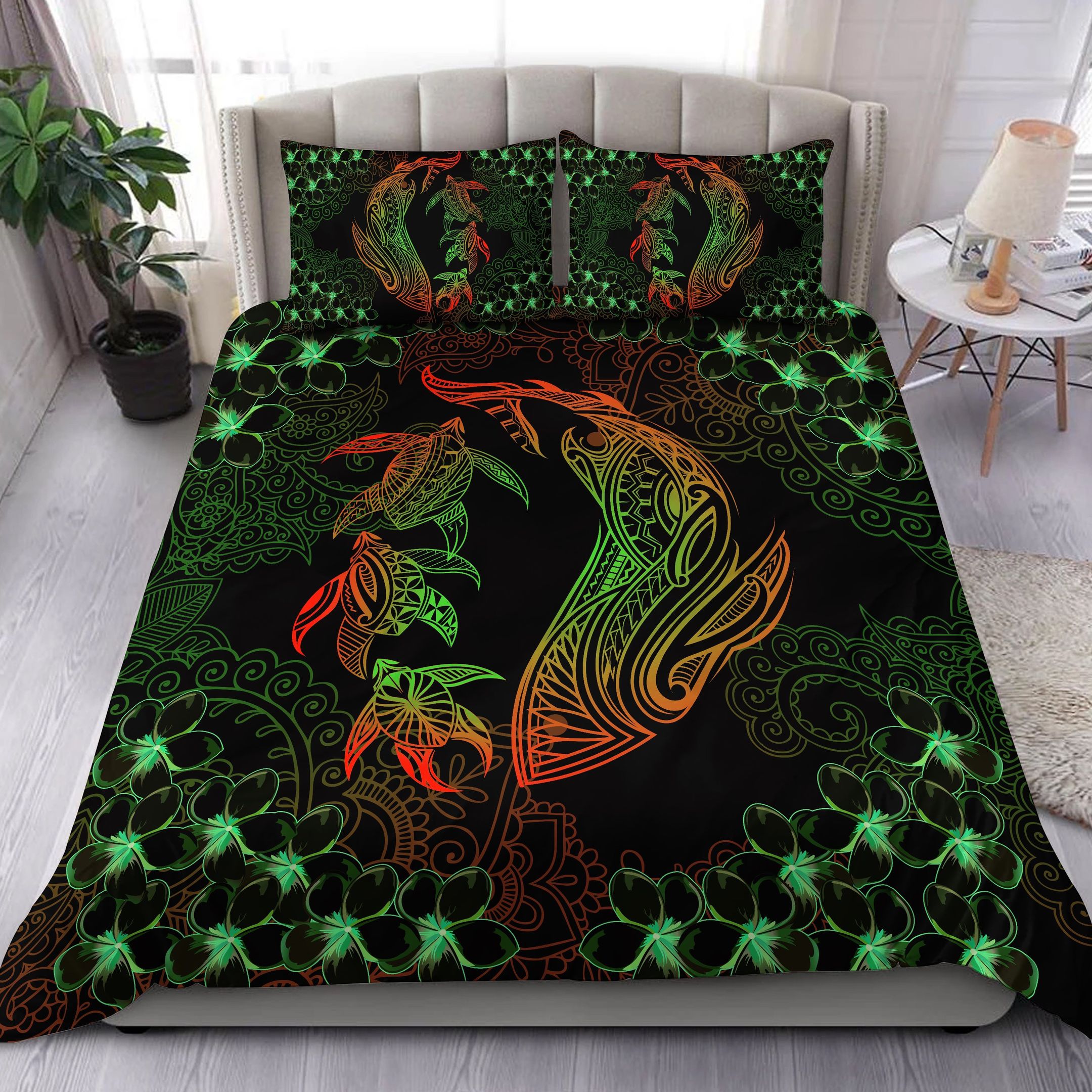 Hawaiian Shark Turtle Plumeria Green Orange Zelda Style Bedding Set