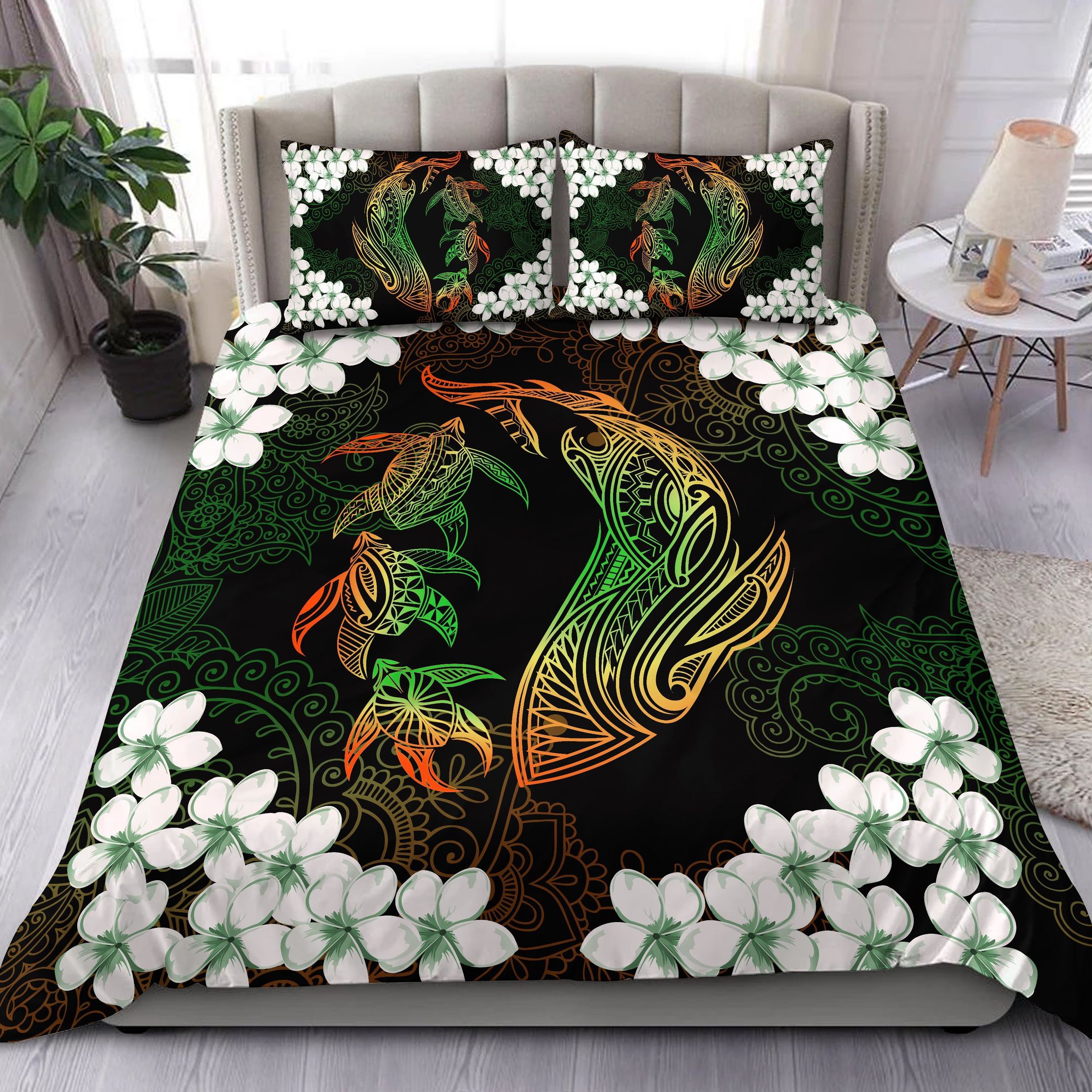 Hawaiian Shark Turtle Plumeria Orange Green Zelda Style Bedding Set
