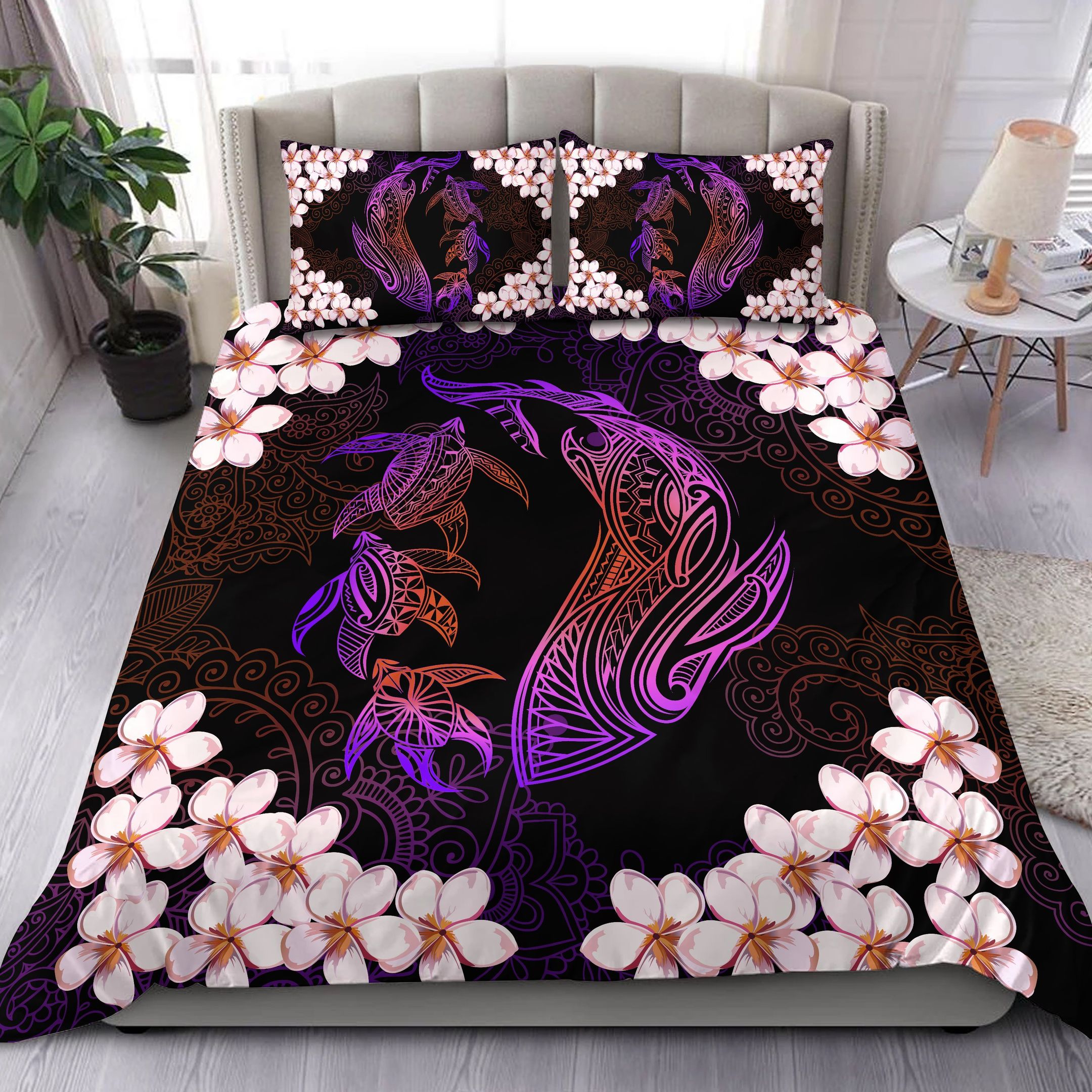 Hawaiian Shark Turtle Plumeria Pink Orange Bedding Set