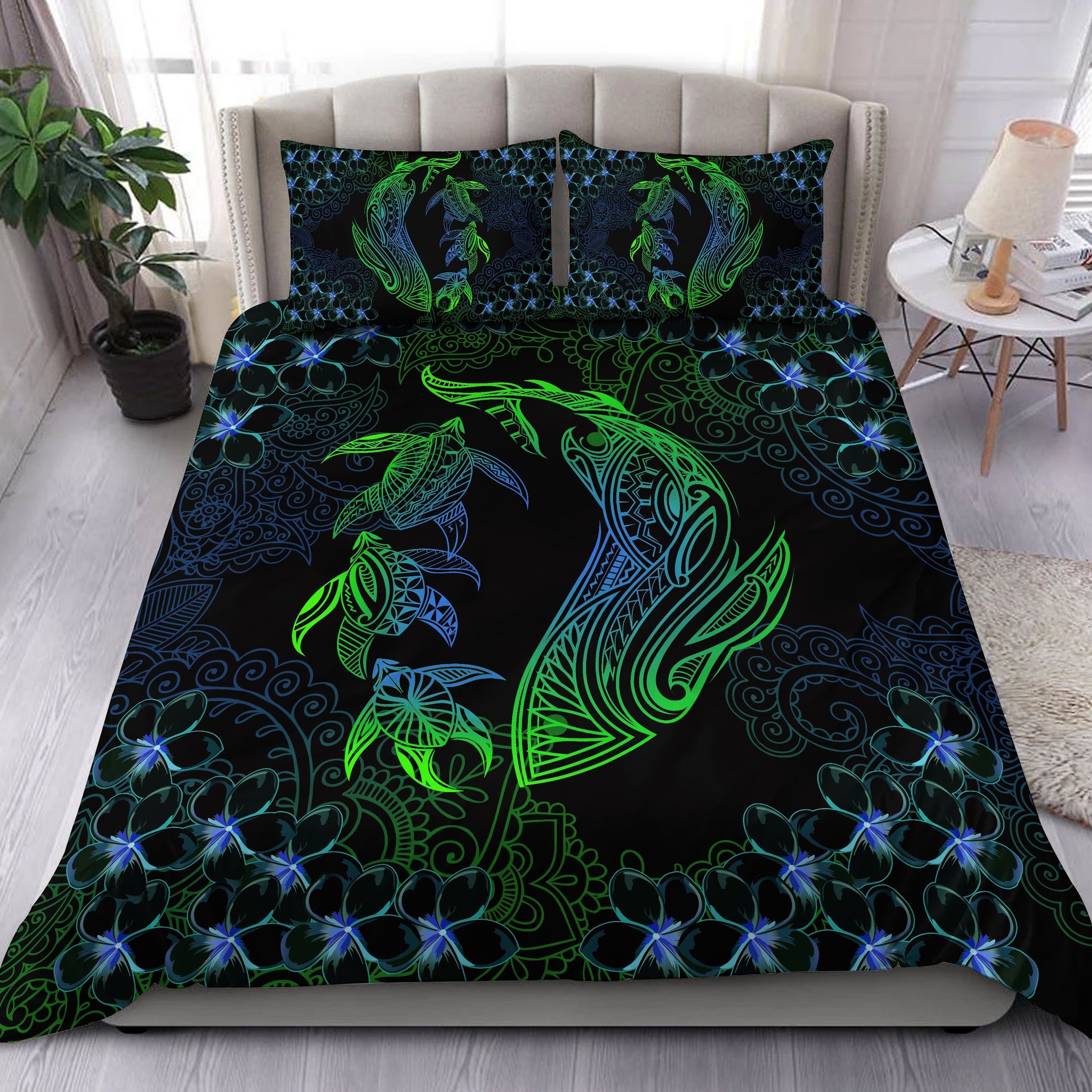 Hawaiian Shark Turtle Plumeria Violet Green Zelda Style Bedding Set
