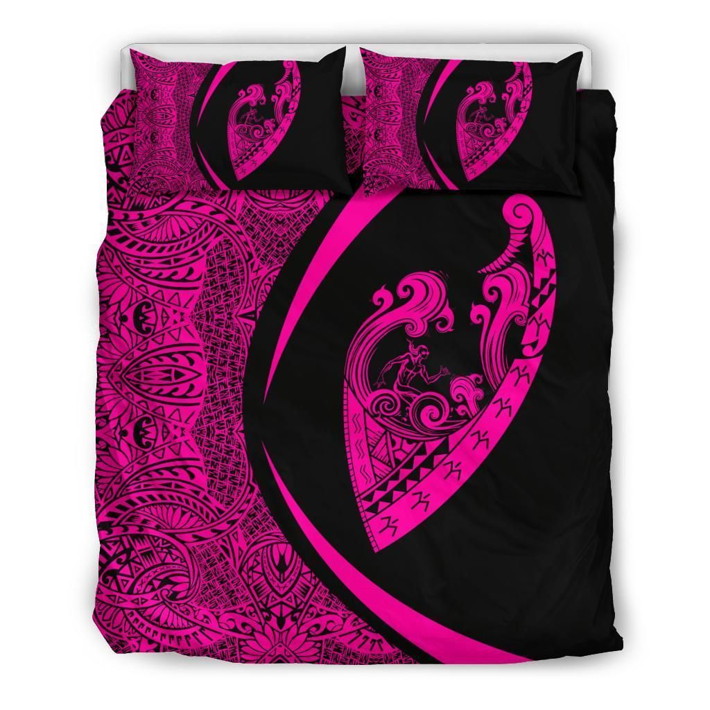 Hawaiian Surfing Waves Fish Hook Polynesian Black Pink Bedding Set