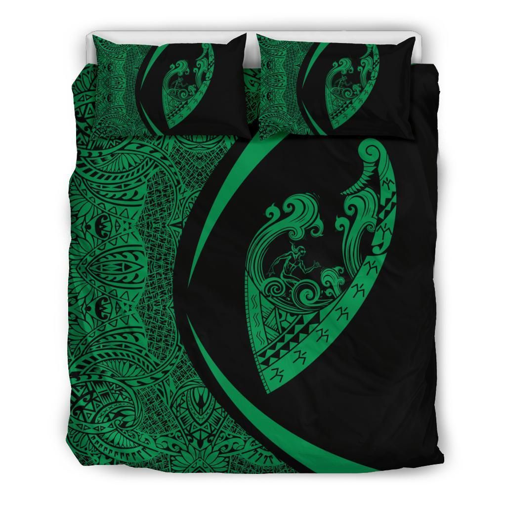 Hawaiian Surfing Waves Fish Hook Polynesian Circle Style Green Bedding Set