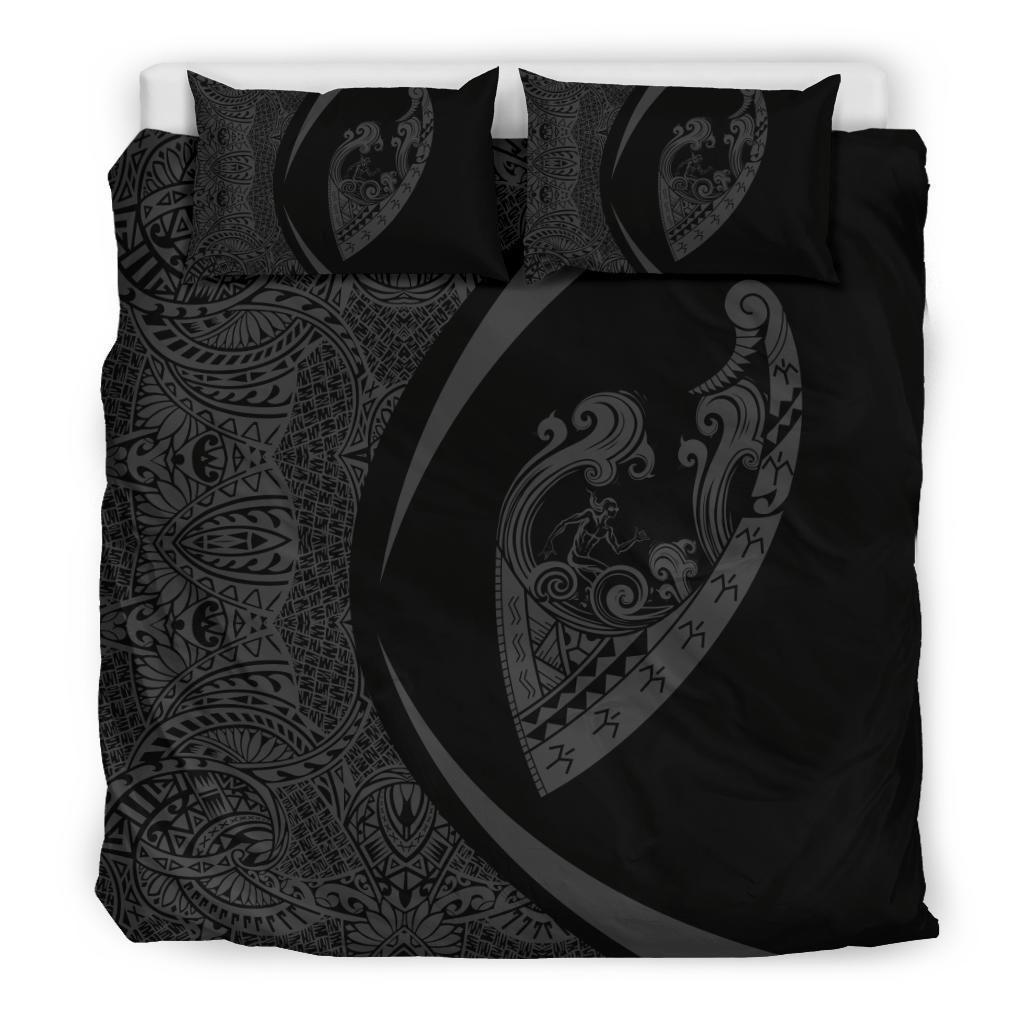 Hawaiian Surfing Waves Fish Hook Polynesian Circle Style Grey Bedding Set