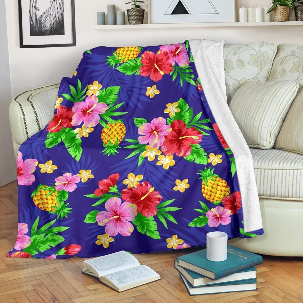 Hawaiian Themed Pattern Print Design Blue Navy Fleece Blanket
