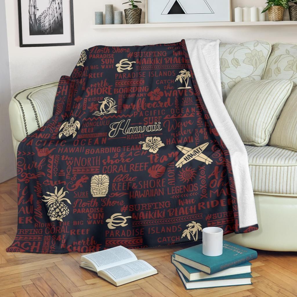 Hawaiian Themed Pattern Print Design Red And Black Fleece Blanket