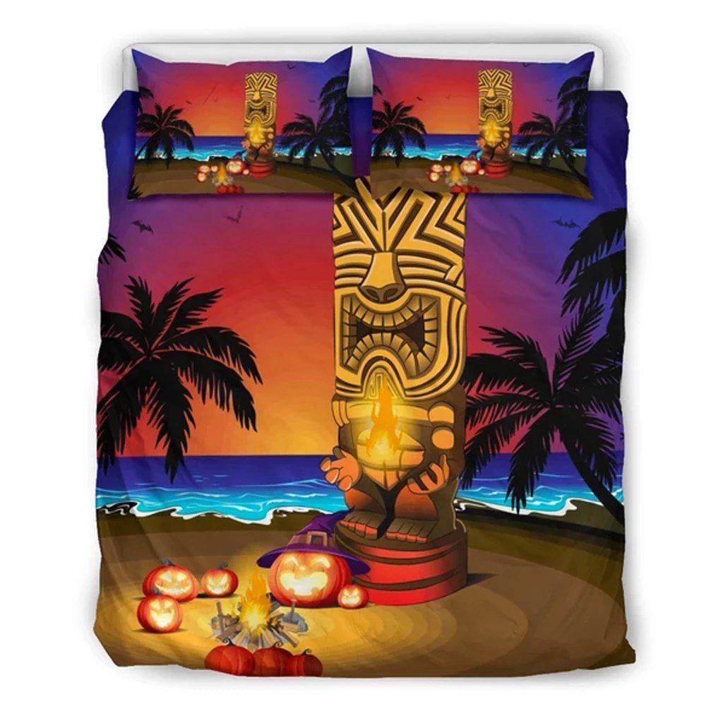Hawaiian Tiki Halloween Sunset On Beach Polynesian Bedding Set