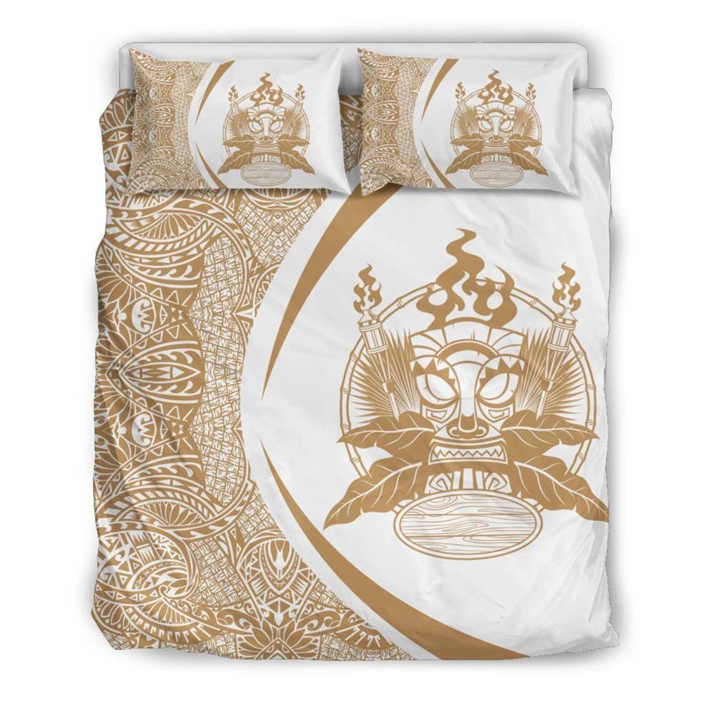 Hawaiian Tiki Polynesian Circle Style Gold And White Bedding Set