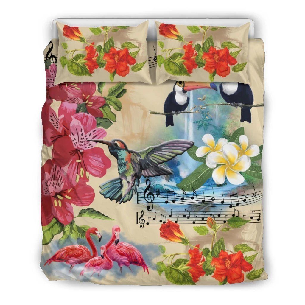 Hawaiian Toucan Flomingo Hummingbirds Hibiscus Plumeria Forest Music Polynesian Bedding Set