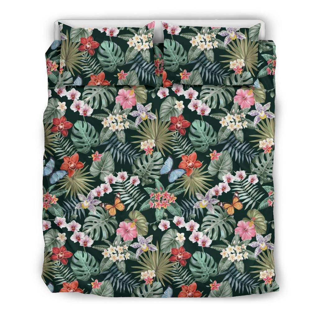 Hawaiian Tropical Butterfly Plumeria Hibiscus Orchids Pattern With Palm Leaves Polynesian Bedding Set