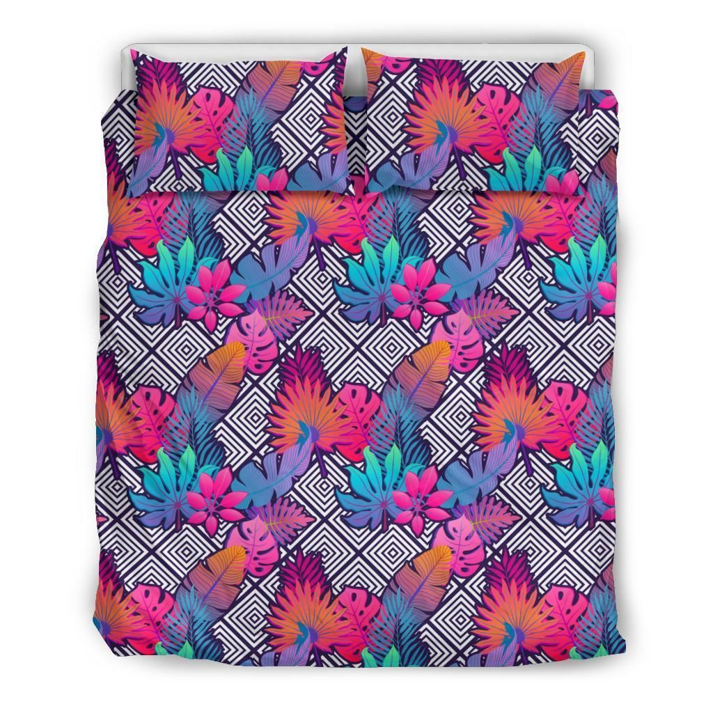 Hawaiian Tropical Exotic Leaves And Flowers On Geometrical Ornament Polynesian Bedding Set
