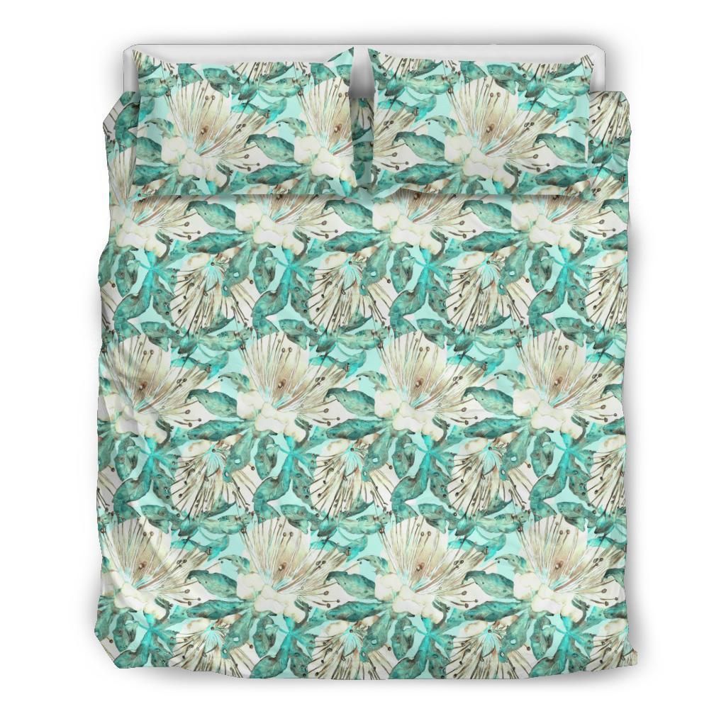 Hawaiian Tropical Floral Polynesian Blue And White Bedding Set