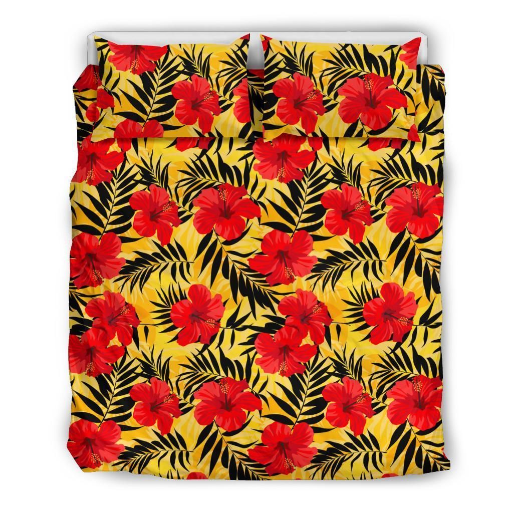Hawaiian Tropical Hibiscus Flowers And Palm Leaves Polynesian Bedding Set