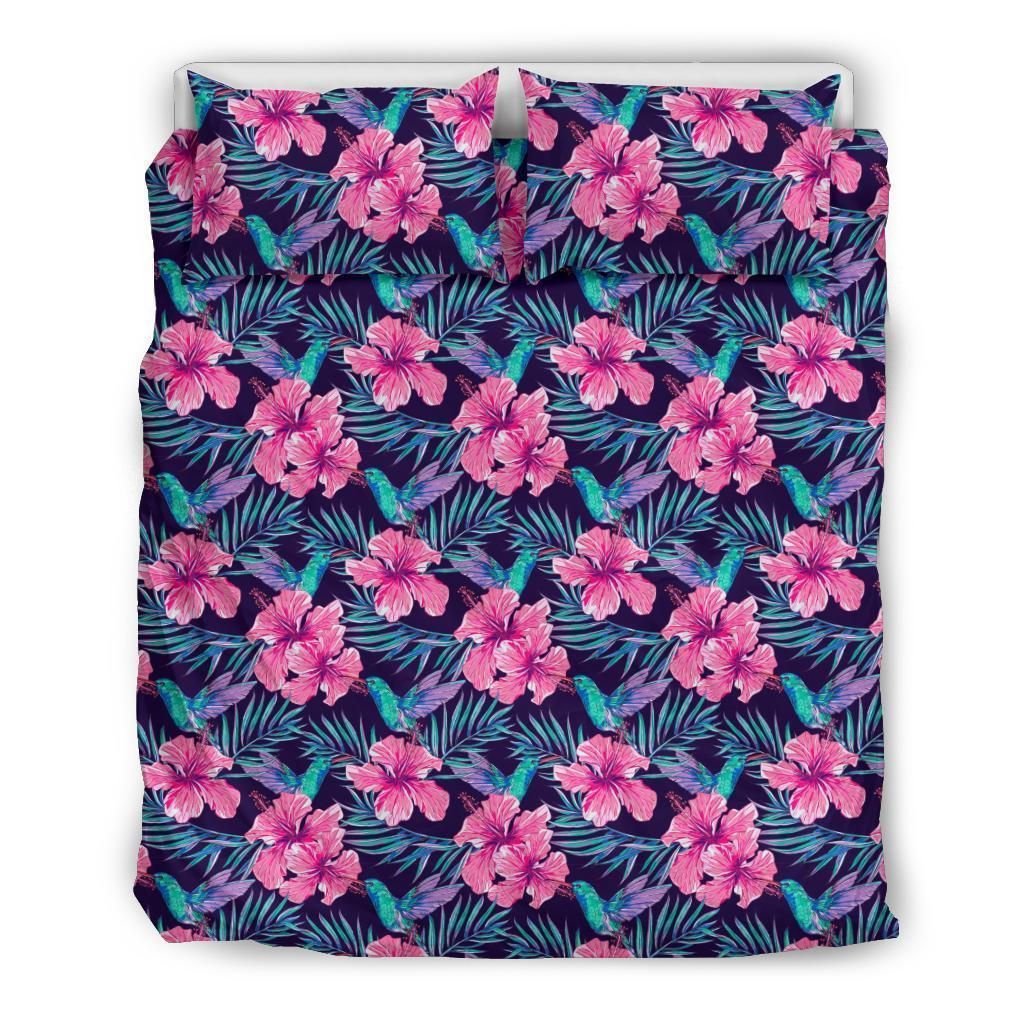 Hawaiian Tropical Hibiscus Flowers Hummingbirds Palm Leaves Polynesian Bedding Set