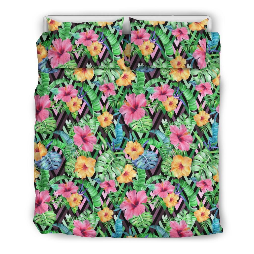 Hawaiian Tropical Hibiscus Monstera Banana Leaves Polynesian Bedding Set