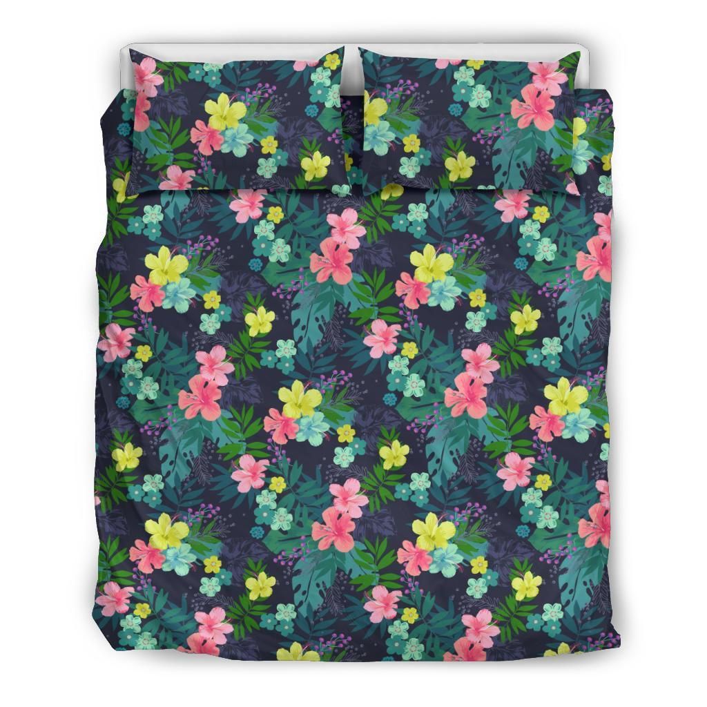 Hawaiian Tropical Hibiscus Monstera Leaves Polynesian Bedding Set