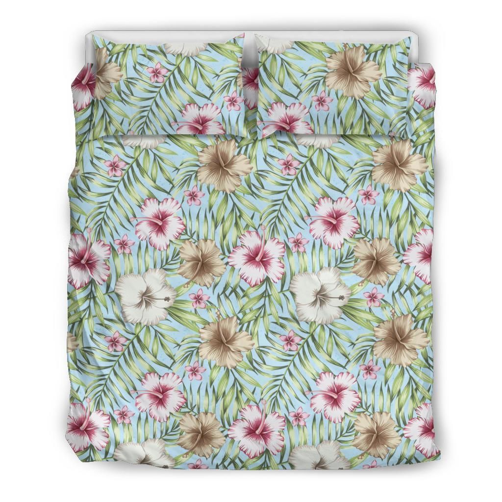 Hawaiian Tropical Hibiscus Plumeria Palm Leaves Polynesian Bedding Set