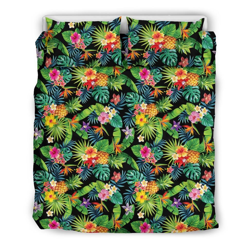 Hawaiian Tropical Hibiscus Plumeria Pineapples Palm Leaves Bedding Set