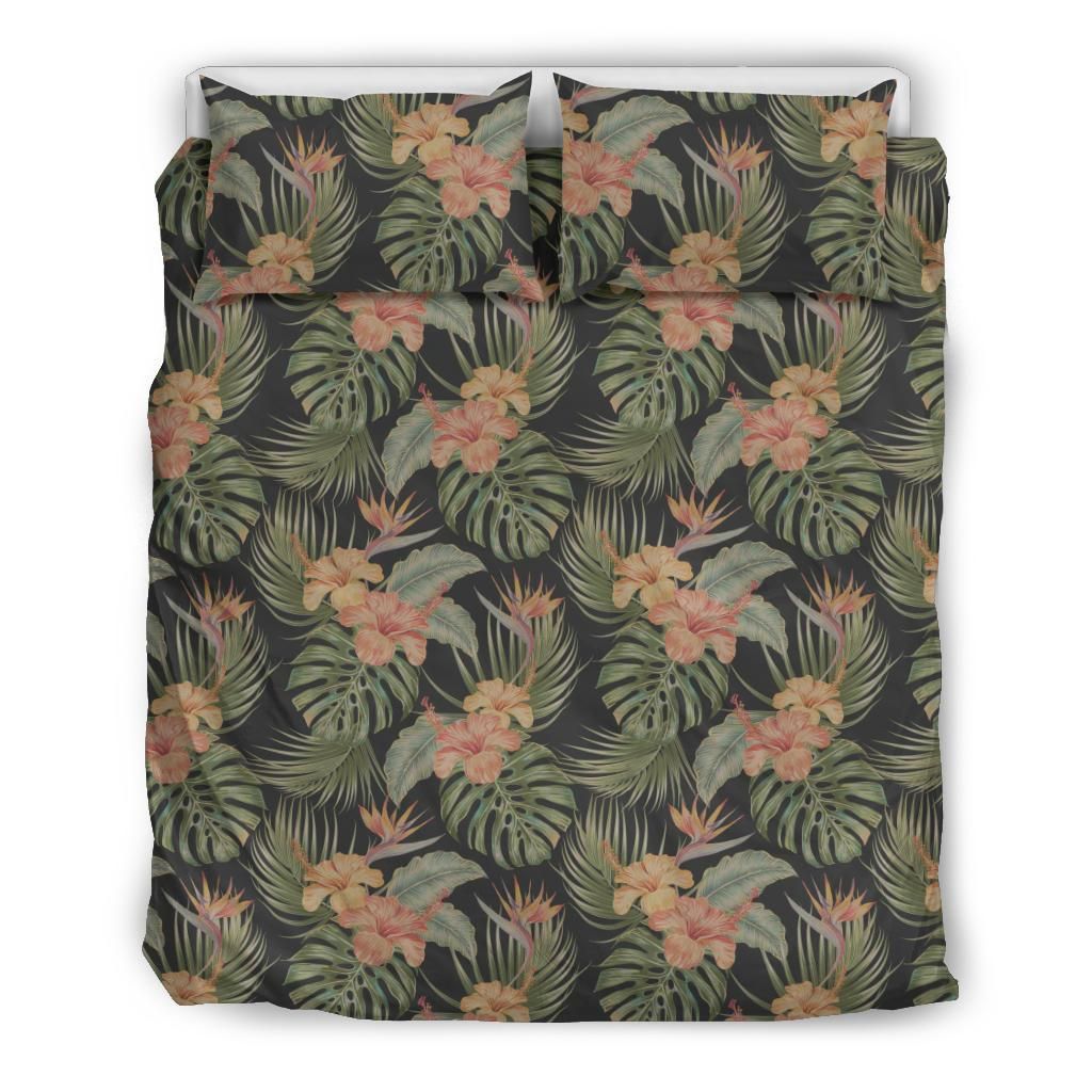 Hawaiian Tropical Hibiscus Strelitzia Fower Monstera Leaves Bedding Set