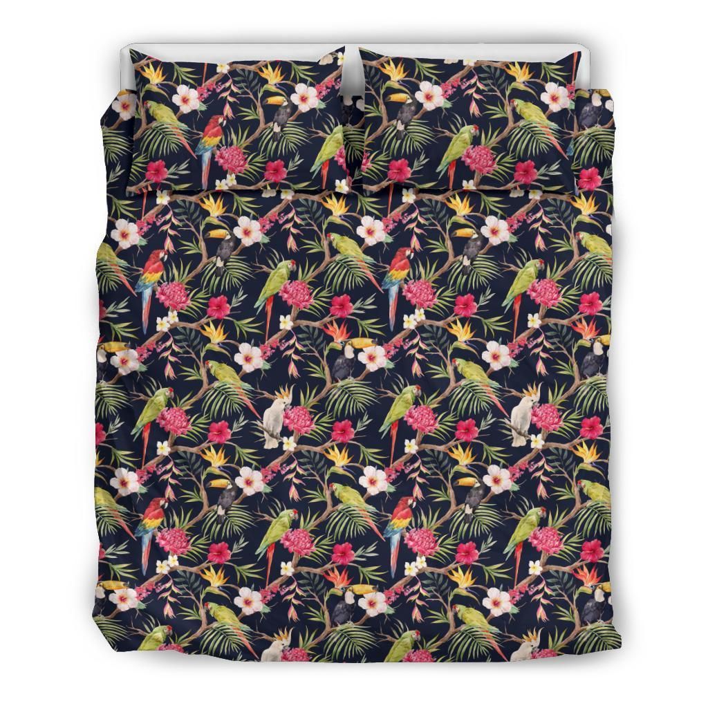 Hawaiian Tropical Hibiscus Strelitzia Palm Leaves Parrot Toucan Bedding Set