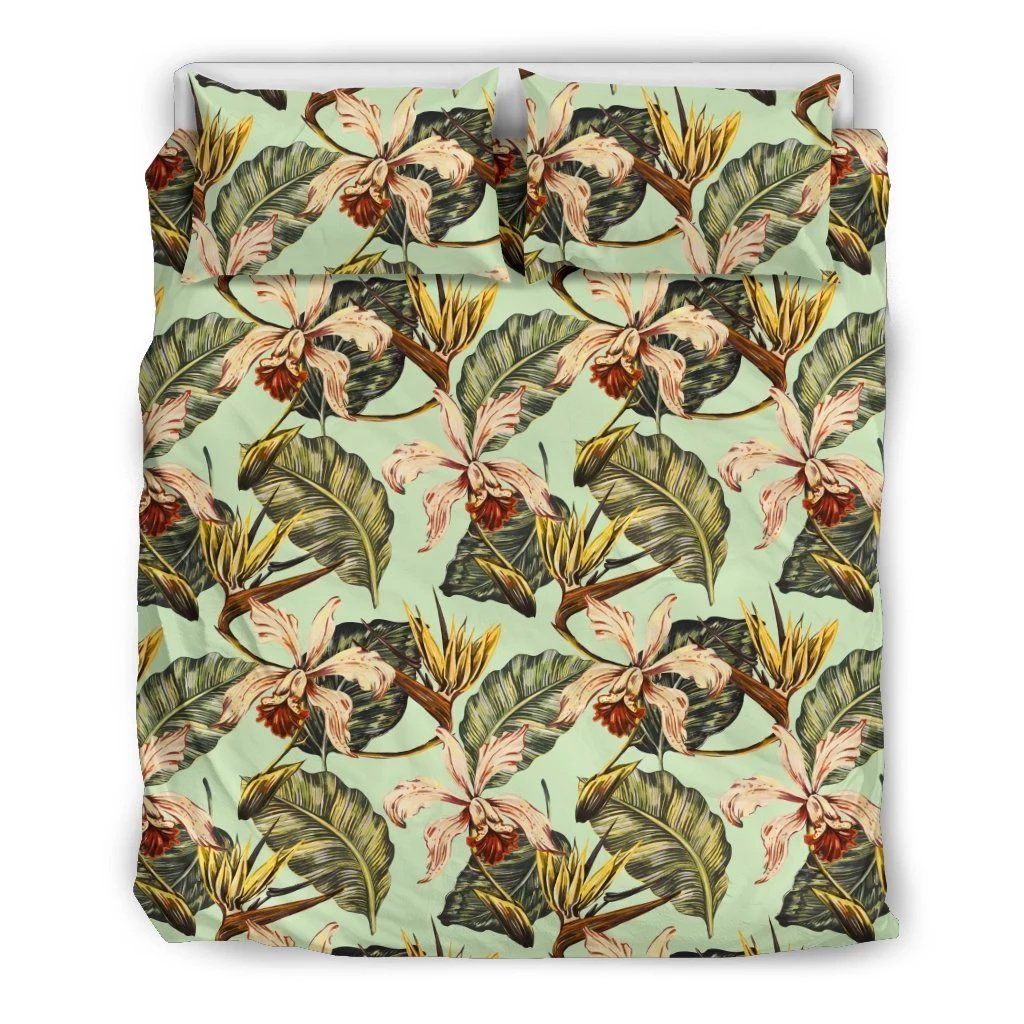 Hawaiian Tropical Jungle Leaves Orchid Bird Polynesian Bedding Set