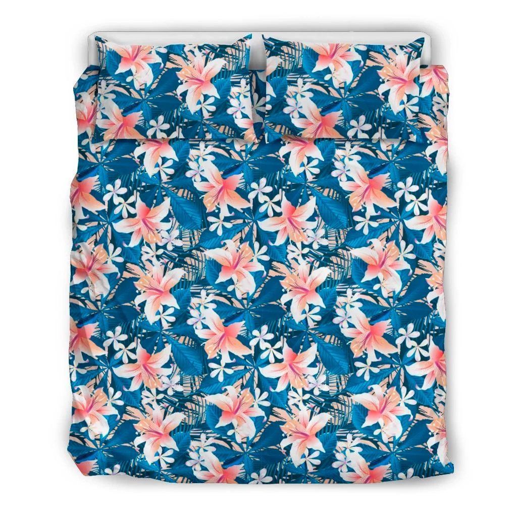 Hawaiian Tropical Leaves And Flowers Polynesian Blue Bedding Set
