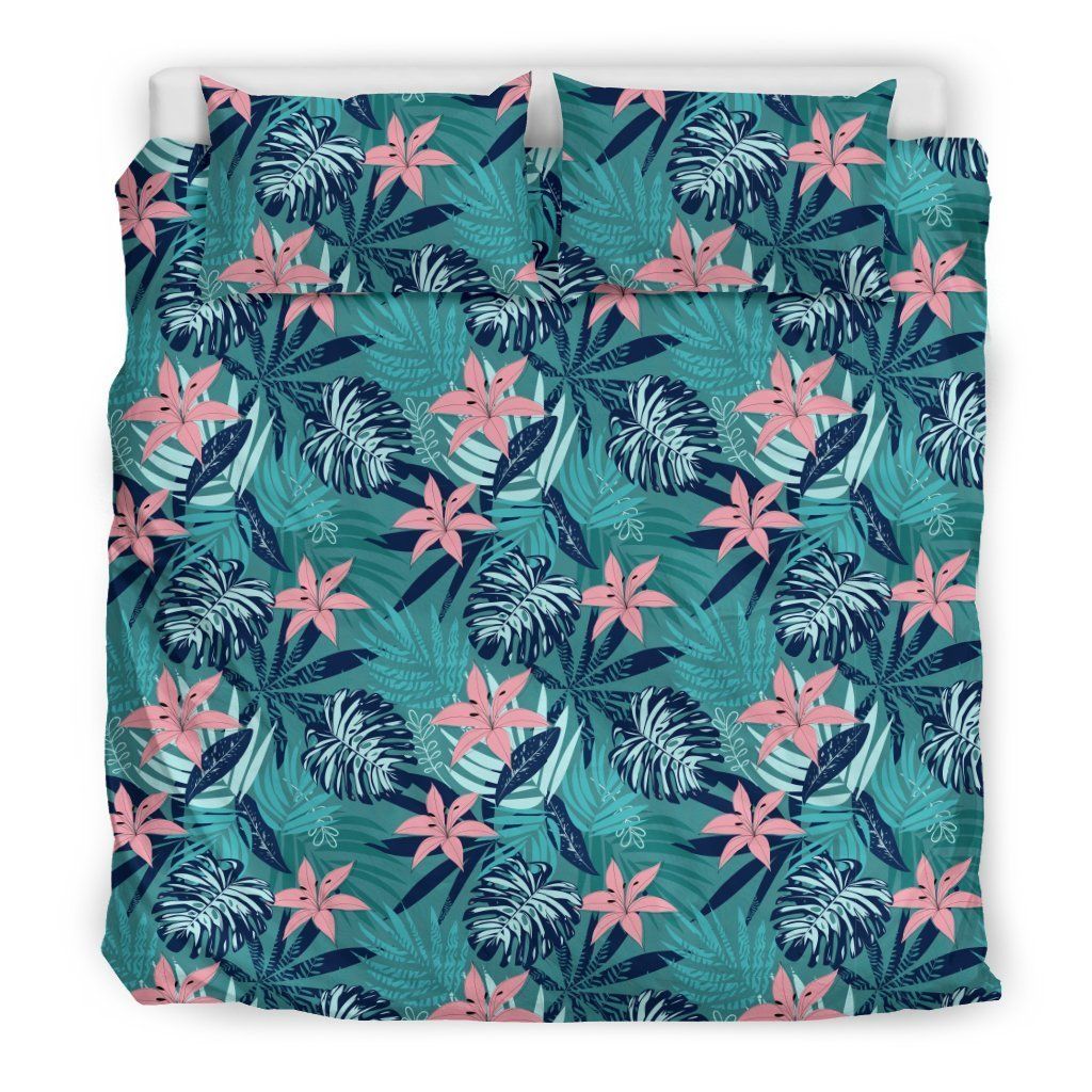 Hawaiian Tropical Monstera Leaf Blue Pattern Bedding Set