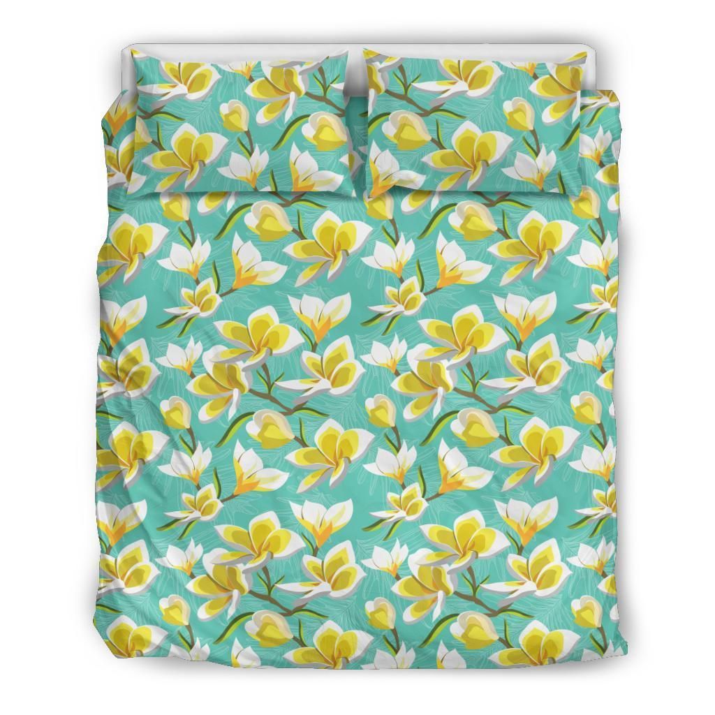 Hawaiian Tropical Plumeria Blue Background Polynesian Bedding Set