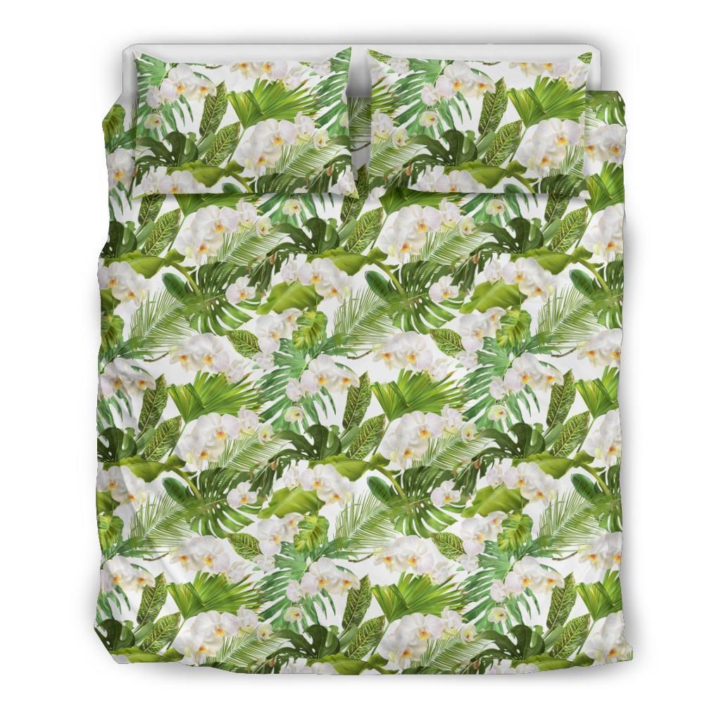 Hawaiian Tropical Plumeria Orchids Monstera White Polynesian Bedding Set