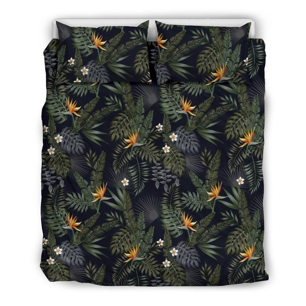 Hawaiian Tropical Strelitzia Monstera Palm Leaves And Flowers Bedding Set