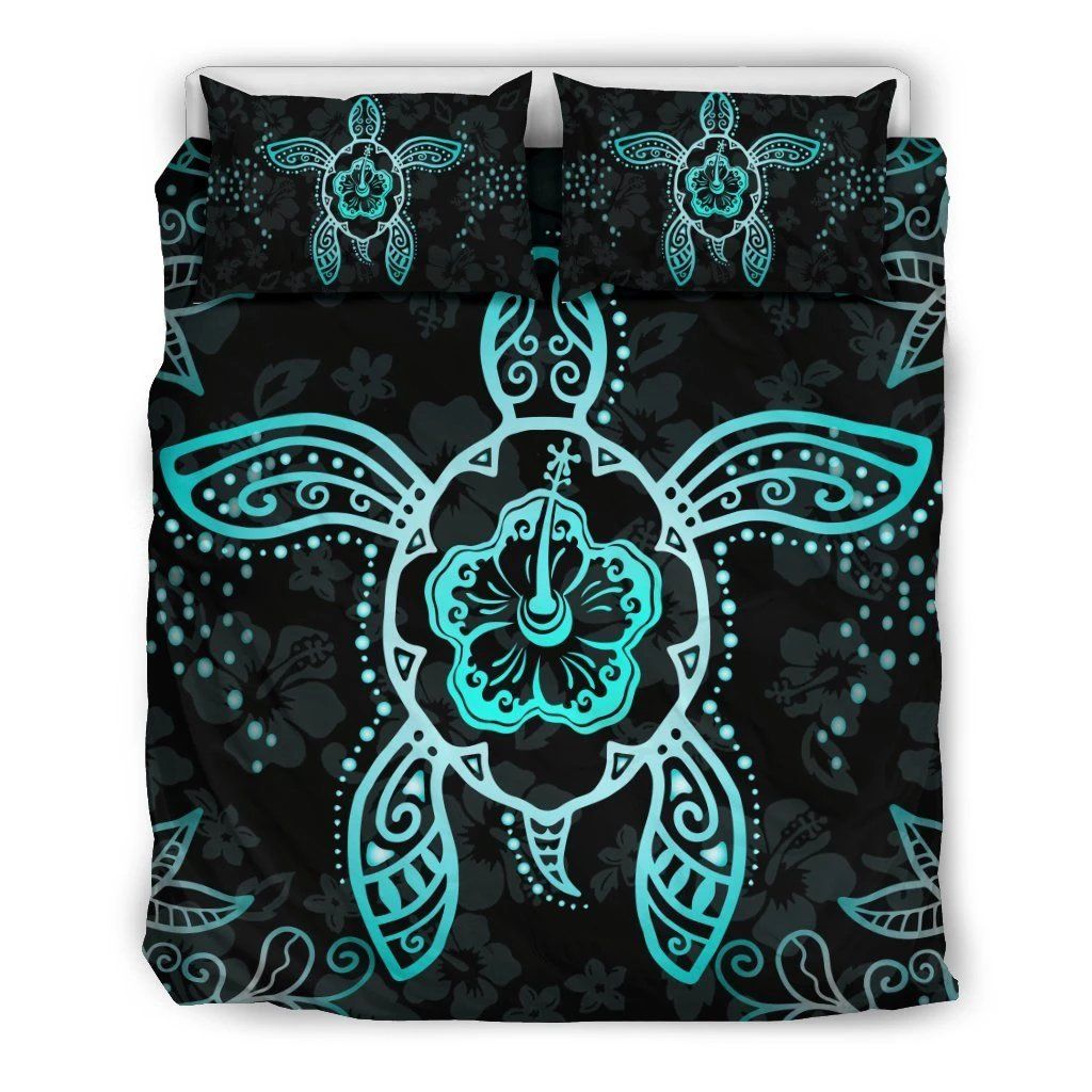 Hawaiian Turtle And Hibiscus Polynesian Blue Bedding Set