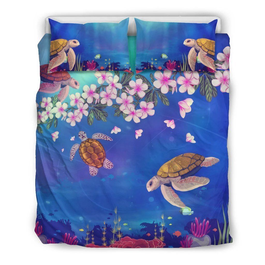 Hawaiian Turtle And Plumeria Pattern Polynesian Bedding Set