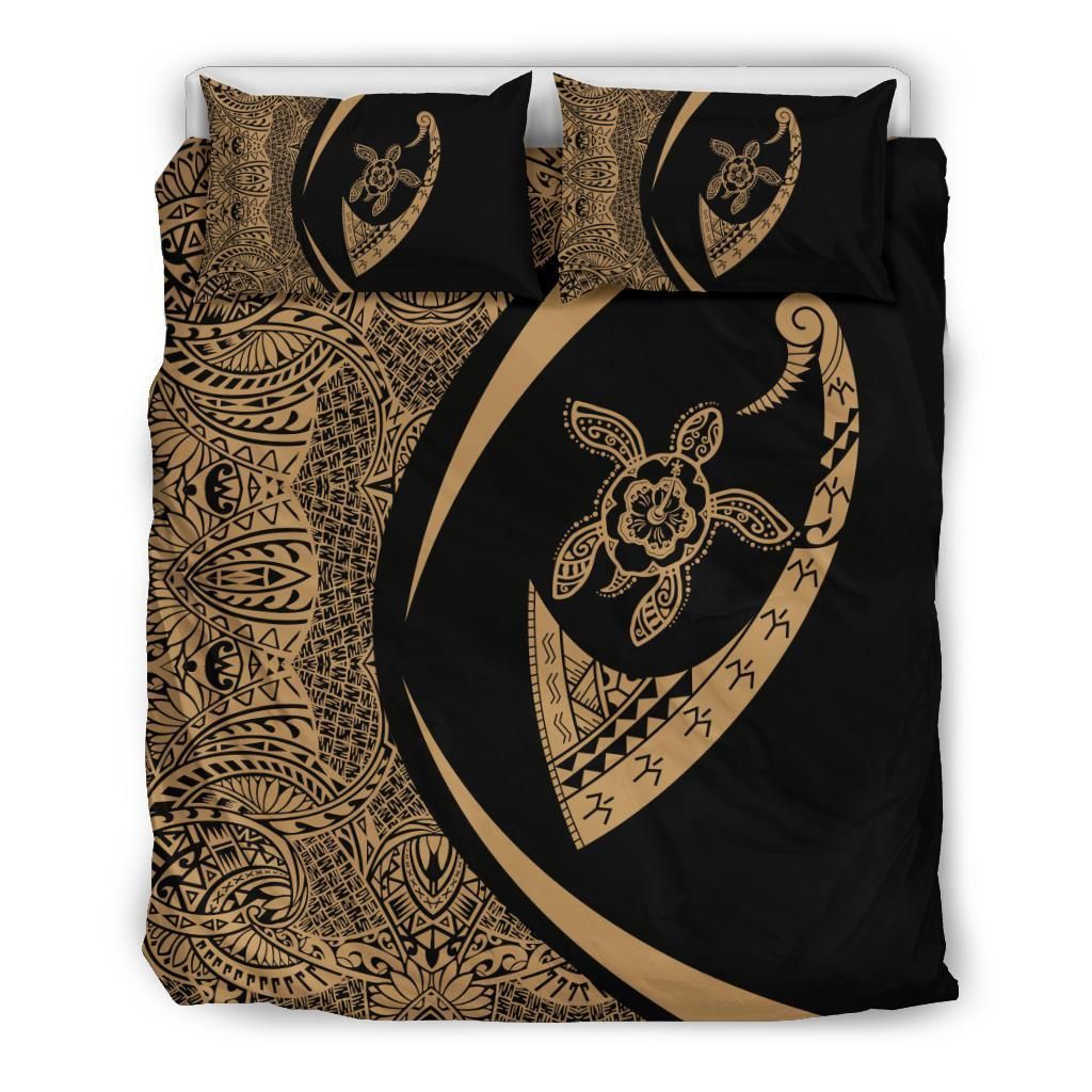 Hawaiian Turtle Fish Hook Hibiscus Polynesian Circle Style Gold Bedding Set