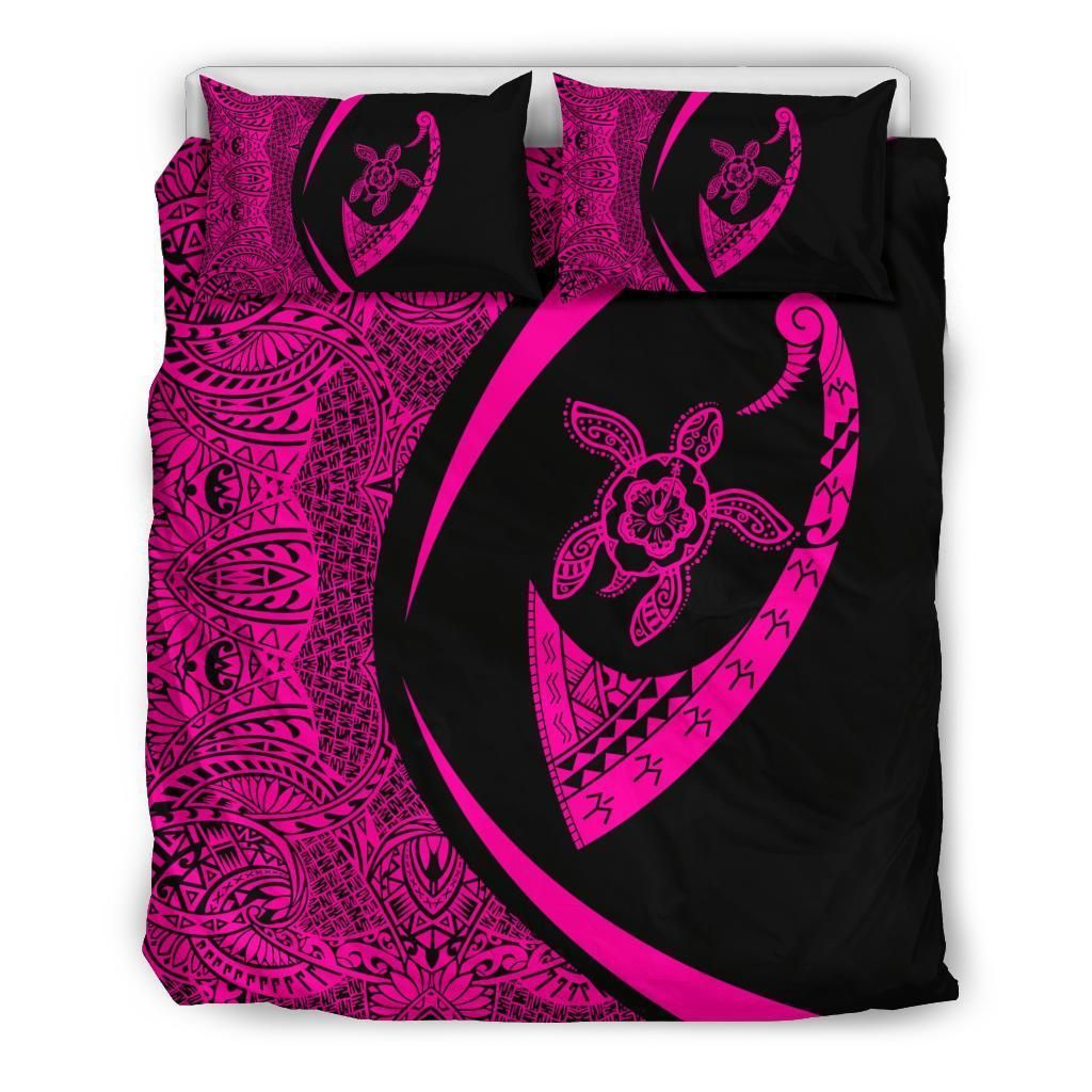 Hawaiian Turtle Fish Hook Hibiscus Polynesian Circle Style Pink Bedding Set