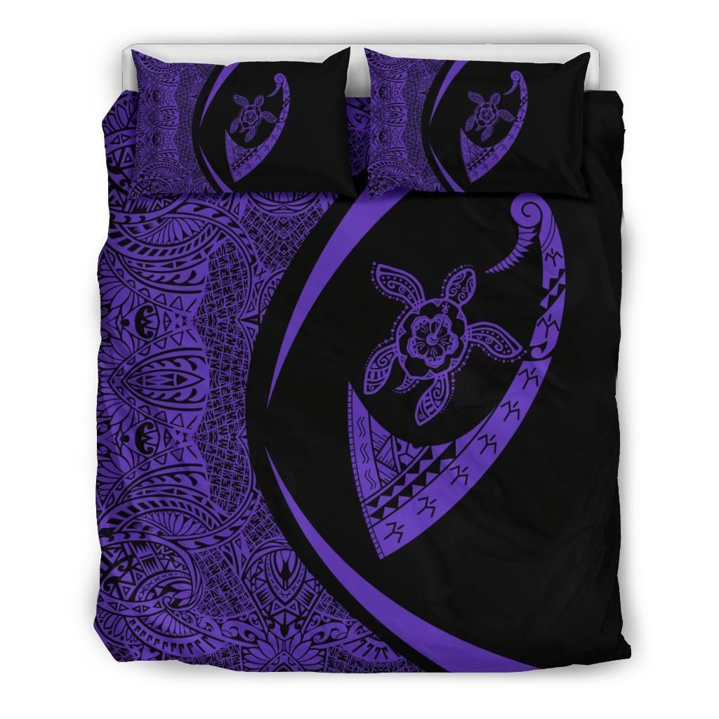 Hawaiian Turtle Fish Hook Hibiscus Polynesian Circle Style Purple Bedding Set