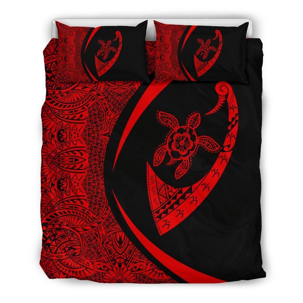 Hawaiian Turtle Fish Hook Hibiscus Polynesian Circle Style Red Bedding Set