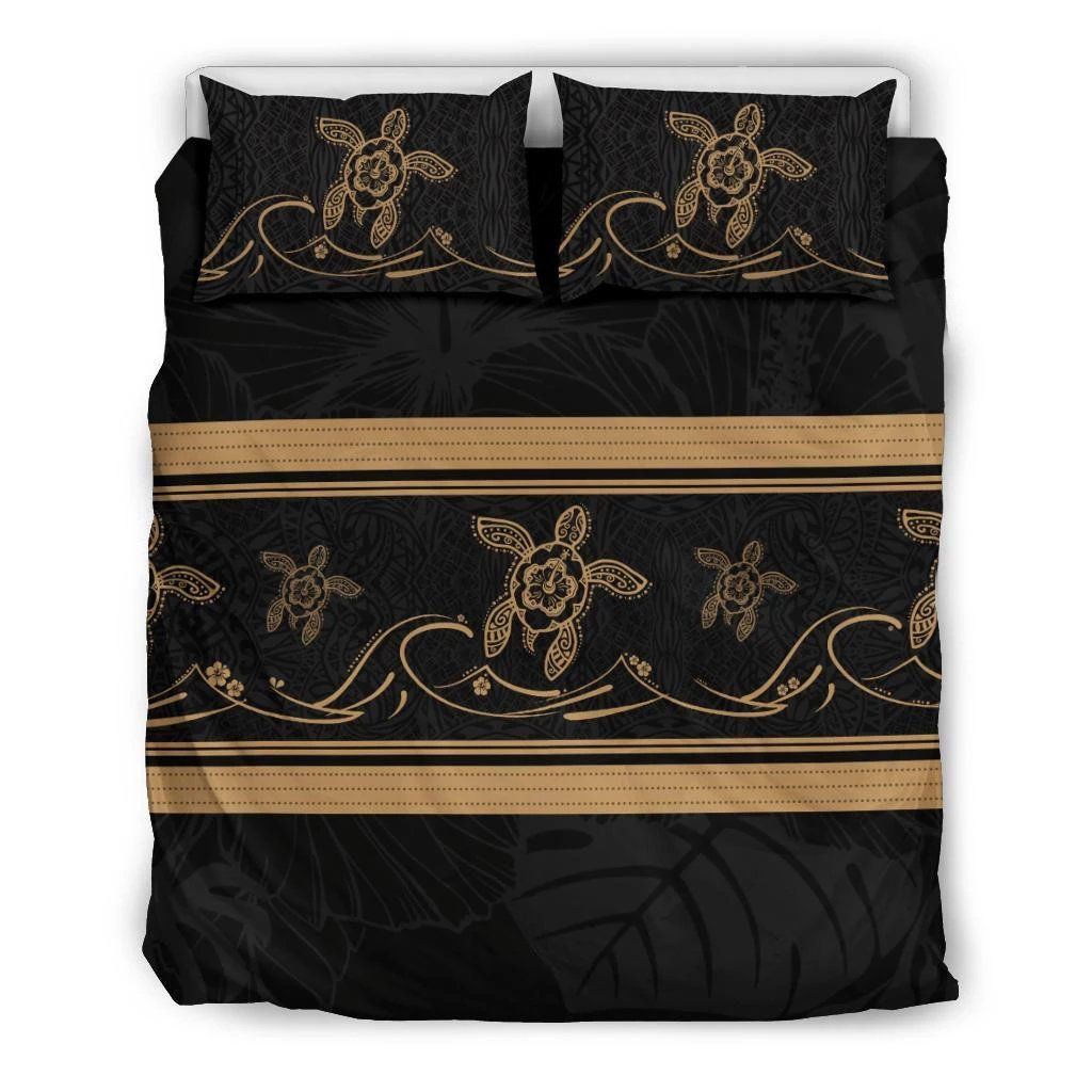 Hawaiian Turtle Hibiscus Black And Gold Bedding Set